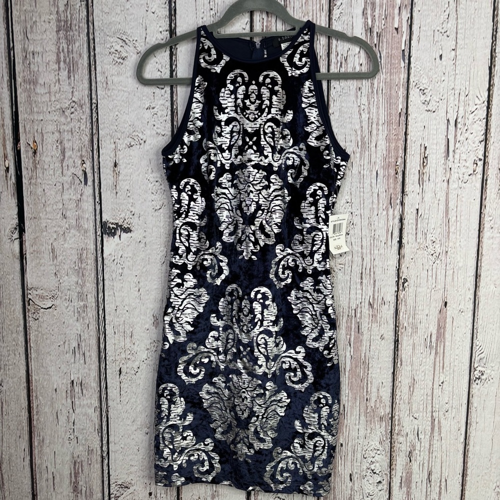🏷️NWT B. Darlin Bodycon Dress Juniors Size 9/10 Navy Blue Velvet‎ Silver Damask